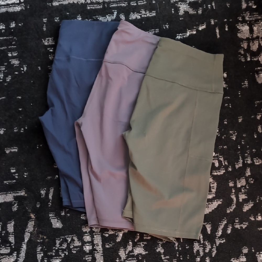 Set of Three Biker Shorts in Blue, Grey, and Green